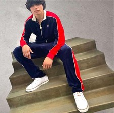Men s Fila Navy Red Gardenia Pipping Velour Casual Outfit Set Tracksuits NWT