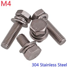 M4 - 0.7 304 Stainless Steel SEM Hex Head Bolts+ Flat / Spring Washers Screws