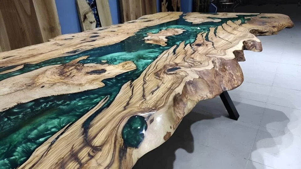 Live Edge Olive Emerald Green Epoxy Resin Dining Table | Handmade Natural Olive - Image 2 of 4