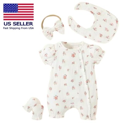 Baby Girls 4pcs Set Round Cotton Soft Flower Printing Daily Wear Cute Bodysuit