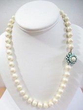 White Faux Pearl W Fancy Enamel Flower Clasp Necklace Vintage