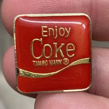Vintage Enjoy Coca Cola Logo Red Square Lapel Pin Vest Collectible EUC K265
