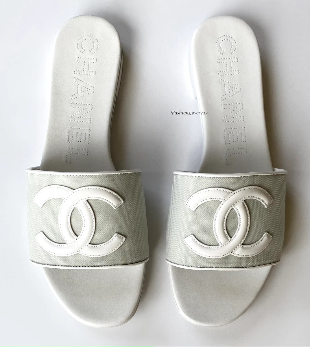 NIB CHANEL 2023 23P WHITE MESH LEATHER SLIDES FLATS MULES SANDALS 37.5