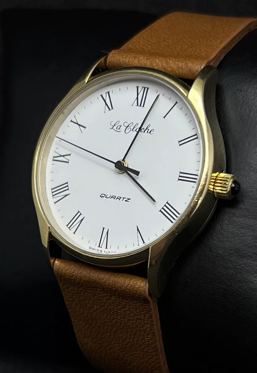 Vintage New LA CLOCHE Men s 34mm Swiss Quartz Watch 6j Gold White Dial Tan Strap