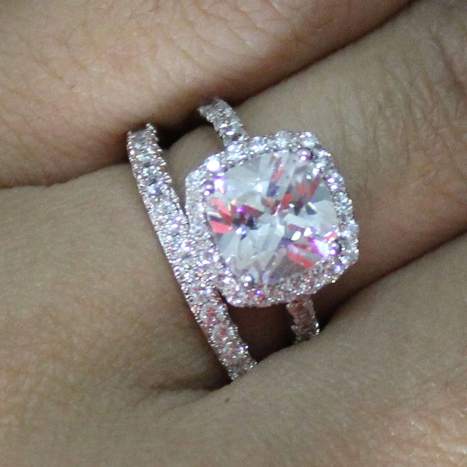 Juego de banda nupcial de compromiso moissanita cojín de 2,00 quilates oro blanco real de 14 quilates talla 6 Foto 3 de 4