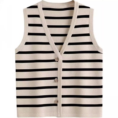Striped top short vest 2025 summer sleeveless button up cardigan