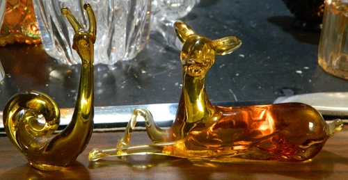 Vintage Hand Blown Murano Amber Glass Snail 4.13" & Fawn 3.25"x6..25" Figurines