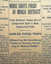 MINGO COUNTY Coal Mine Wars re. Battle of Matewan & Sid Hatfield 1921 Newspaper 