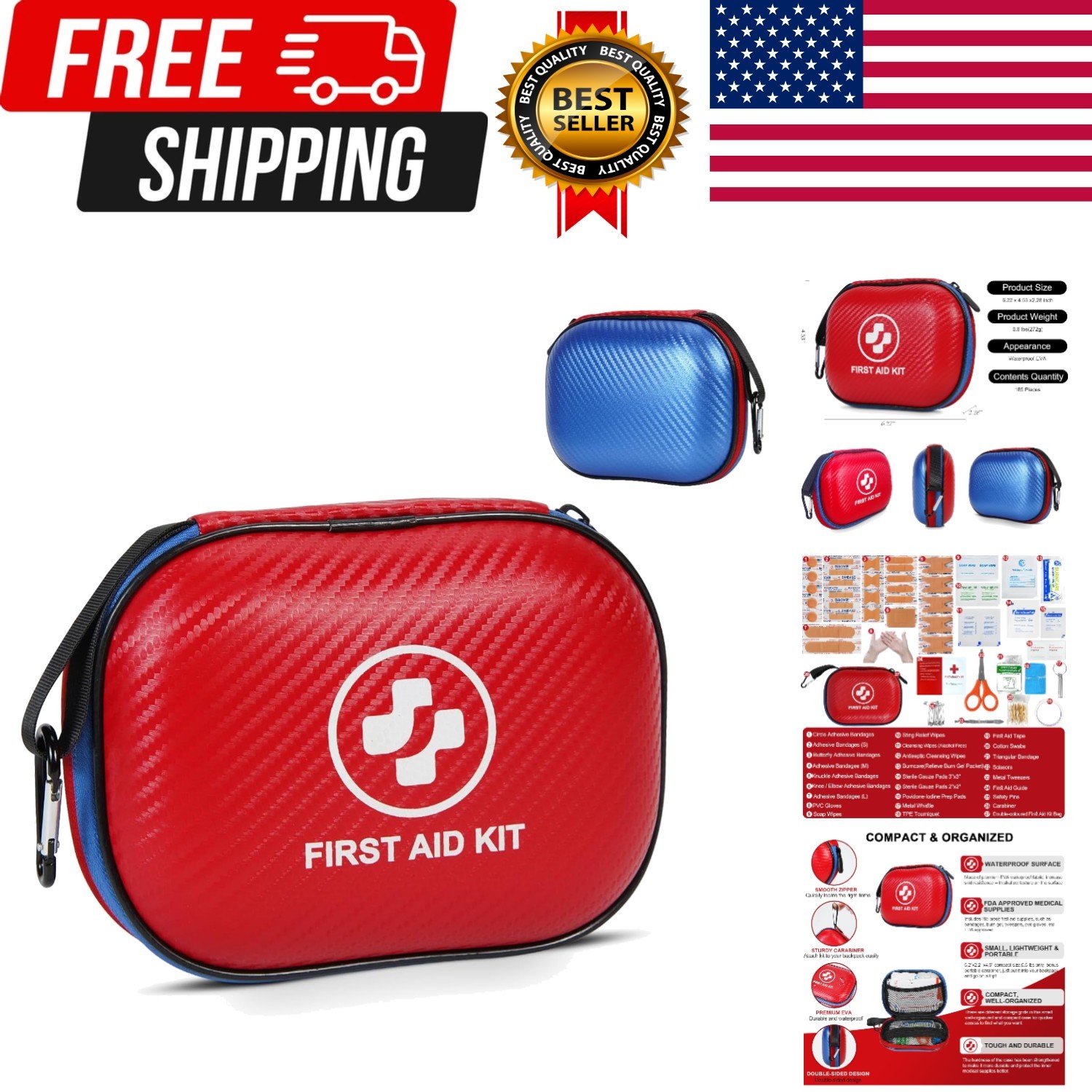 Small First Aid Kit - 185 Pieces Waterproof Emergency Kit for Home