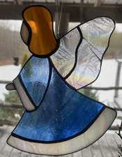 Vintage Stained Glass Blue-White Opalescent Angel Window Hanging Sun Catcher 8”