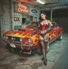 Poster Pinup 69 Mustang Mach 1 Flames Garage Art 8k Quality