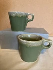 Vintage Hull Pottery USA Avocado Green Drip Glaze Coffee Mugs With “O” Handle X2