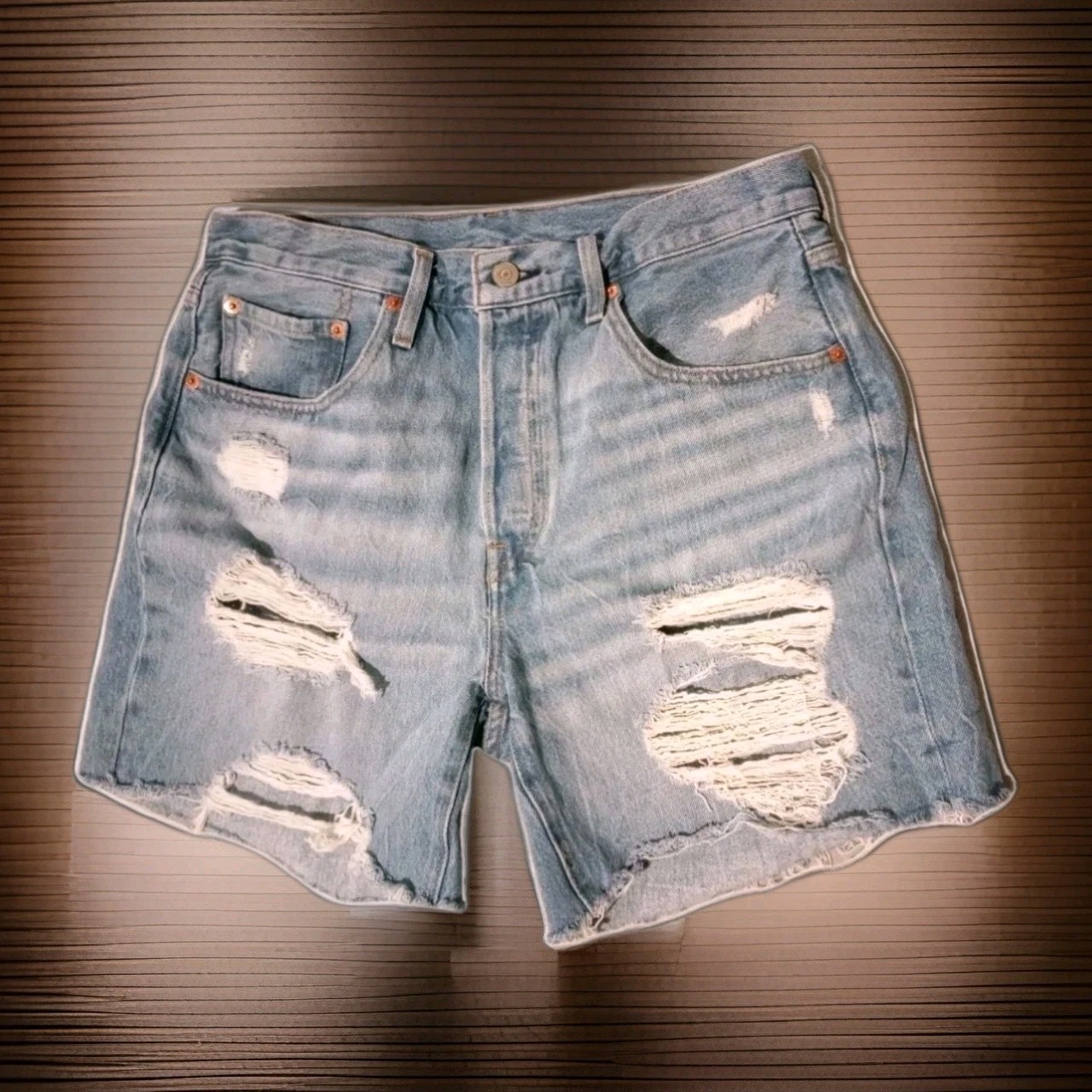Women Levis 501 Jean Shorts High-Rise Button-Up Cutoff Distressed Light Wash W30