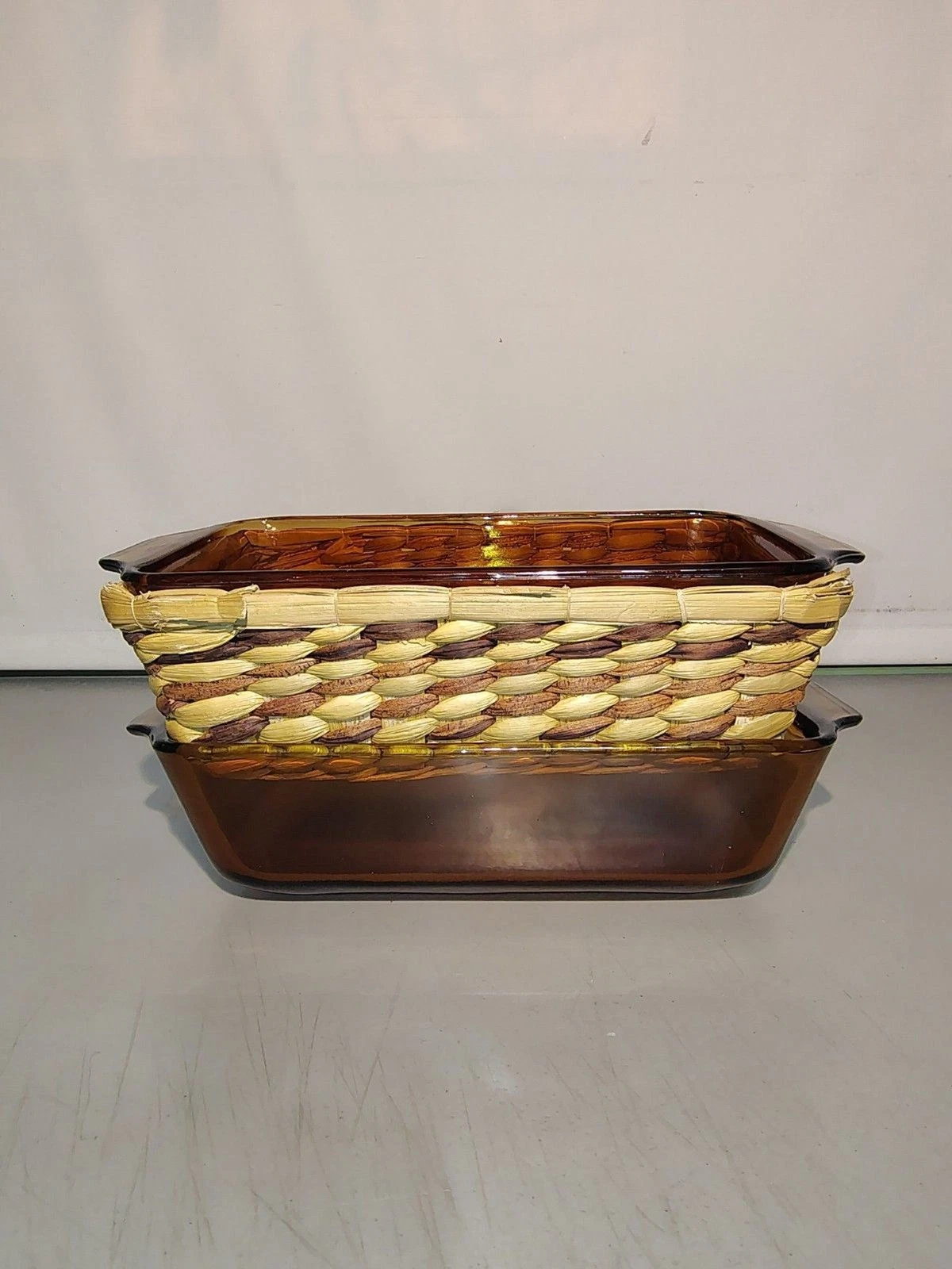 Anchor Hocking Amber Loaf Pans #441 + Sweet Grass Harvest Basket LOT OF 2