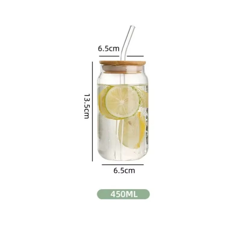 450Ml/550Ml Transparent Glass Cup with Wooden Lid and Straw Home High Borosilica