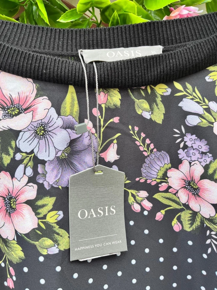 OASIS Floral Print Jumper / Blouse Top Black Size XL New - Image 2 of 4
