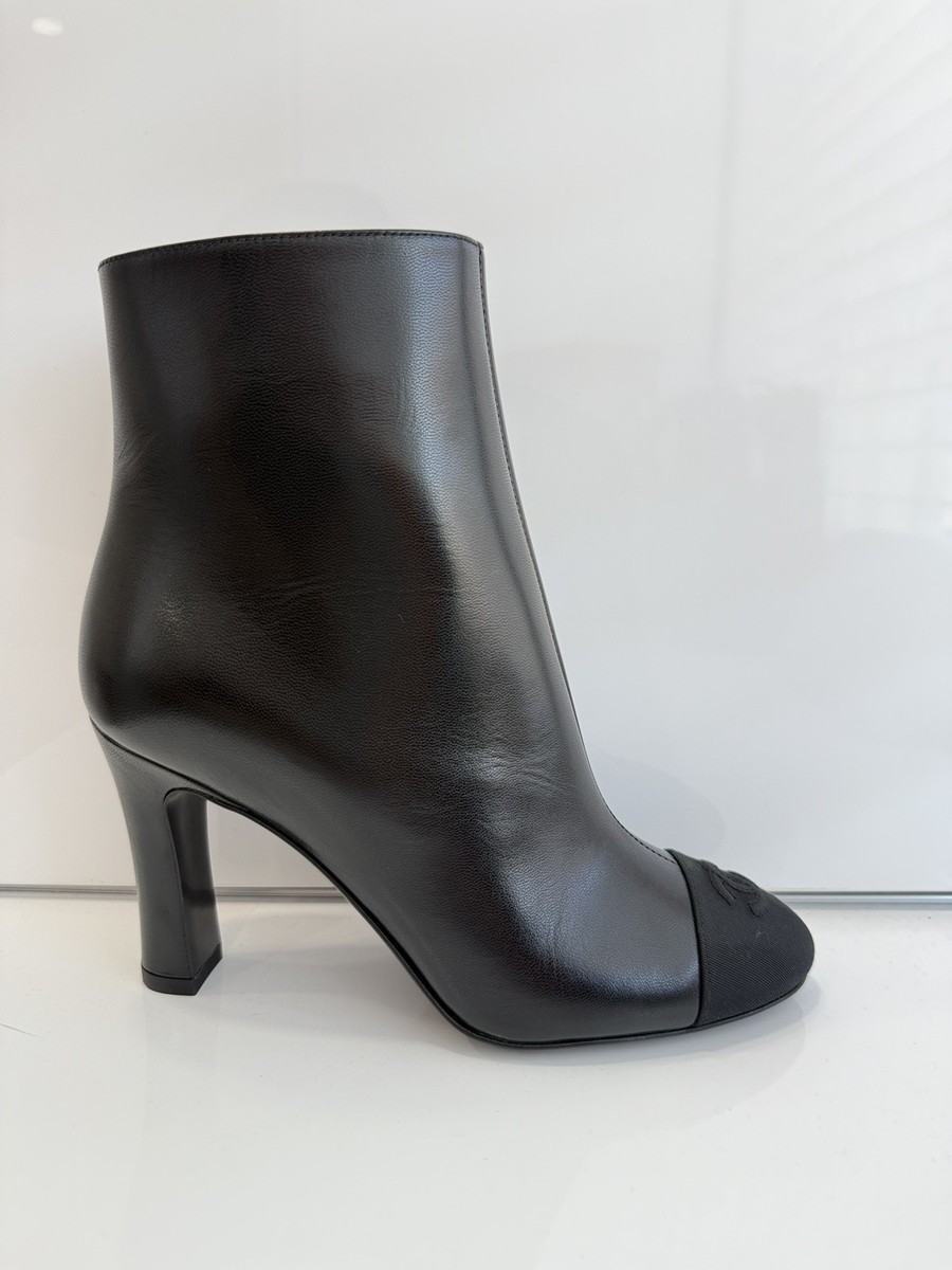 Chanel Black Lambskin Leather CC Logo Cap Toe Booties Ankle Boots
