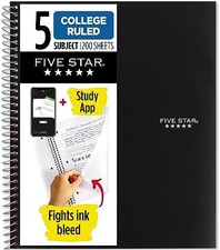 Spiral Notebook, 5 Subject, College Ruled, Water Resistant Cover