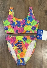 Gitano Vtg Neon Floral Two Piece Swimsuit NWT Sz 9/10
