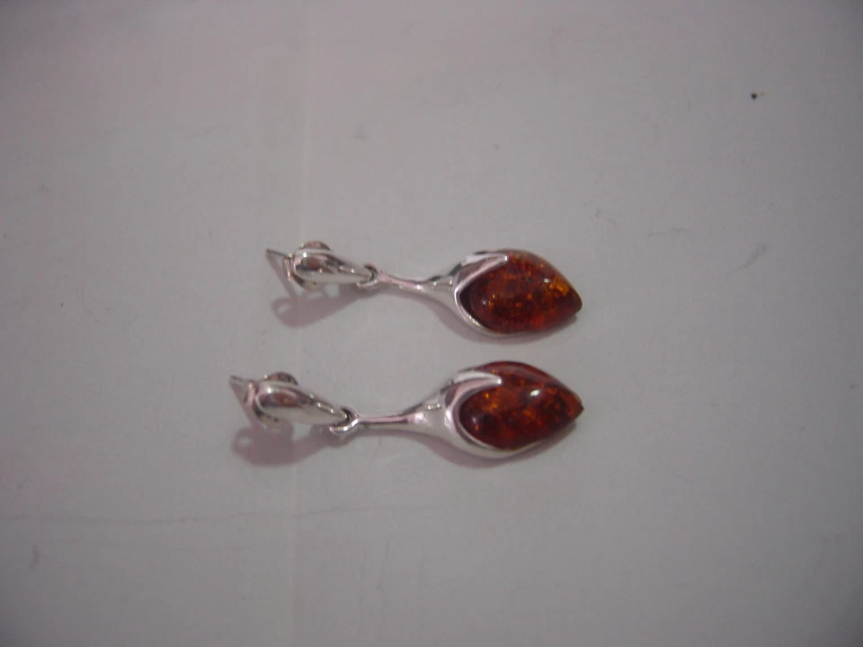 HERMOSO-PLATA MACIZA-DE COLECCIÓN-PENDIENTES HECHOS A MANO-ÁMBAR GENUINO-LIMPIADO-3,2 CM Foto 3 de 4