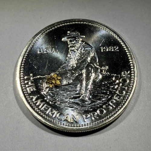 1982 Engelhard 1oz Silver American Prospector TONER With GOLD NUGGETS Big E Rev.