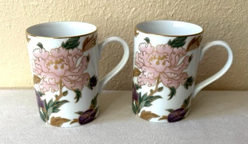 Fitz & Floyd Cloisonne Peony White Mug Vintage Floral Coffee Cup / Mug Set of 2