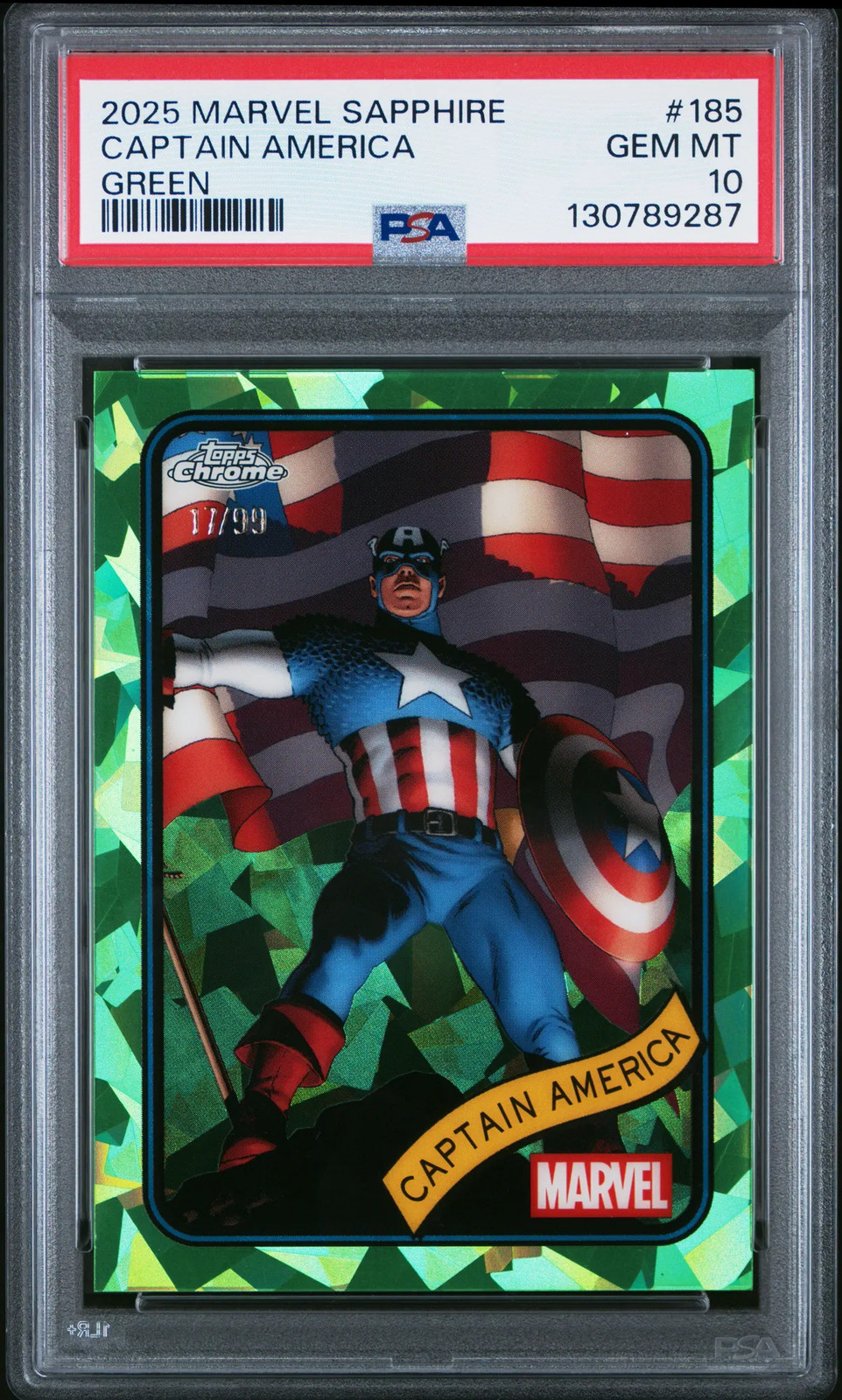 2025 Topps Chrome Marvel Sapphire Captain America Green 17/99 #185 PSA 10
