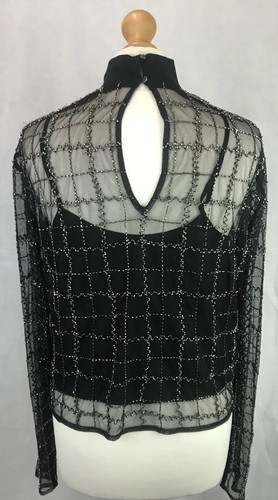 Top transparente River Island negro cuello alto manga larga adornado con cuentas UK12 A12 - Imagen 7 de 12