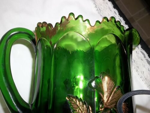 NORTHWOOD GOLD ROSE GREEN PITCHER MARKED W/ N HALLMARK LOGO - Picture 6 of 8