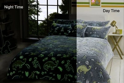 TZ Dino Glow in the Dark Teddy Fleece Duvet Cover Pillowcase Dinosaur Bedding Set