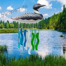 BLUE HANDWORKS WAVY CUT GLASS LOON WIND CHIME LAKE CABIN BEACH OUTDOOR DECOR
