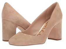 SAM EDELMAN Junie Round Toe Slip-On Pumps Block Heel Oatmeal Suede US Size 6.5