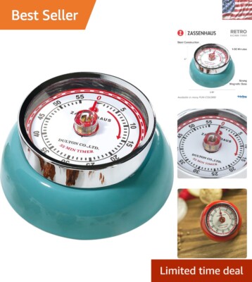 Durable Steel 60-Minute Teal Kitchen Timer - Retro Design with Magnetic Feature