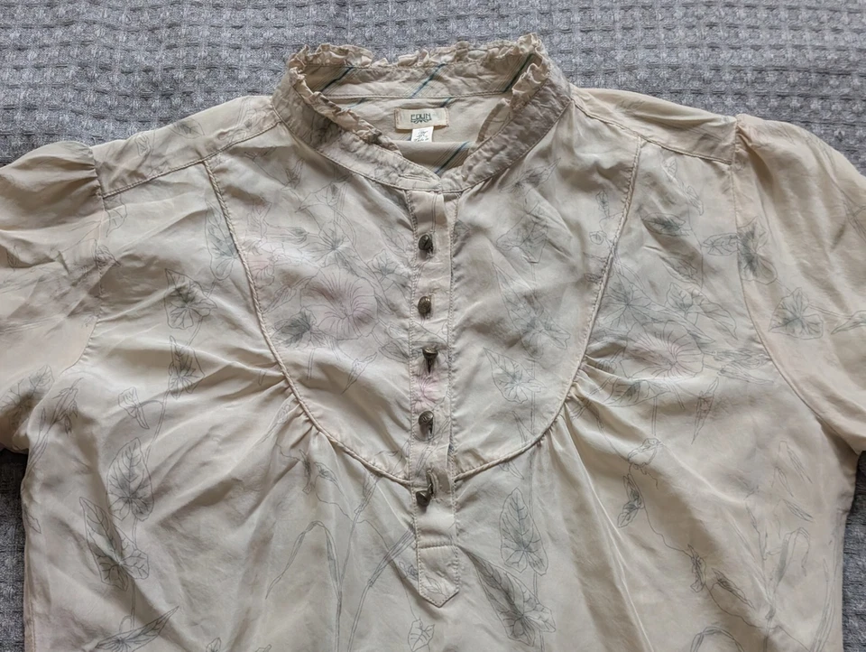 Top Edun Mujer Medio Beige Azul Rayas Seda Popover Manga Corta Banda Cuello Foto 2 de 4