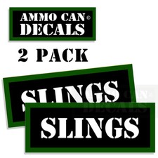 Ammo Can Labels SLINGS Ammunition stickers decals BLACK GREEN 2 pack 3"x1.15"