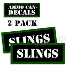 Ammo Can Labels SLINGS Ammunition stickers decals BLACK GREEN 2 pack 3"x1.15"