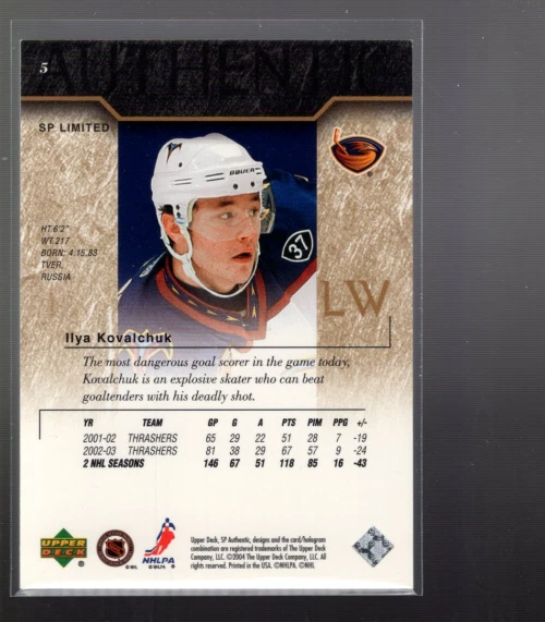 A6756- 2003-04 SP Authentic Limited #5 Ilya Kovalchuk /99 - NM-MT - Image 2 of 2