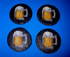 NEW HANDCRAFTED HANDPAINTED SLATE "FROTHY MUG of BEER" COASTERS SET 4