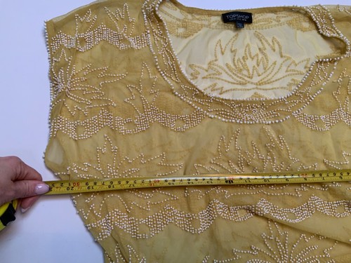 TOPSHOP TOP Short Sleeve BEADED Summer SHEER TULLE NET CROP LEMON WHITE UK 16 - Picture 9 of 15