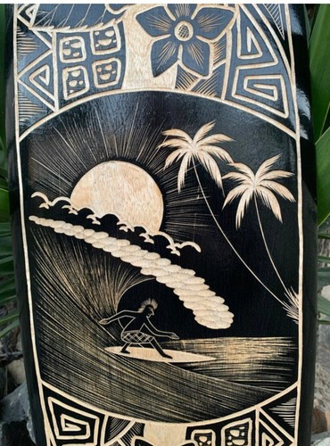 Surfer and Hibiscus Tribal Surfboard Wood Carved Tropical Wall Plaque Mango Wood - Picture 2 of 5