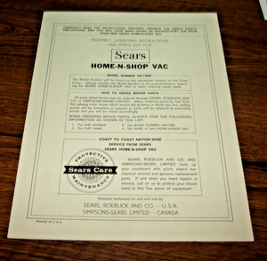 Sears HOME-N-SHOP VAC MODEL NO 758.17800 ASSEMBLY OPERATING INSTRUCTIONS PARTS L