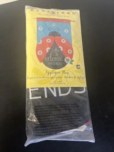 Lady Bug Appliqué Flag 28"x44" Evergreen Flag Garden Hello & Welcome friends 3D
