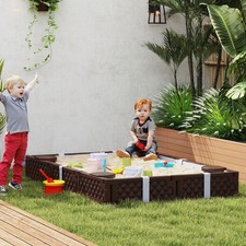 Kids Wooden Sandbox with Cover 4 Corner Seats Bottom Liner Outdoor Backyar