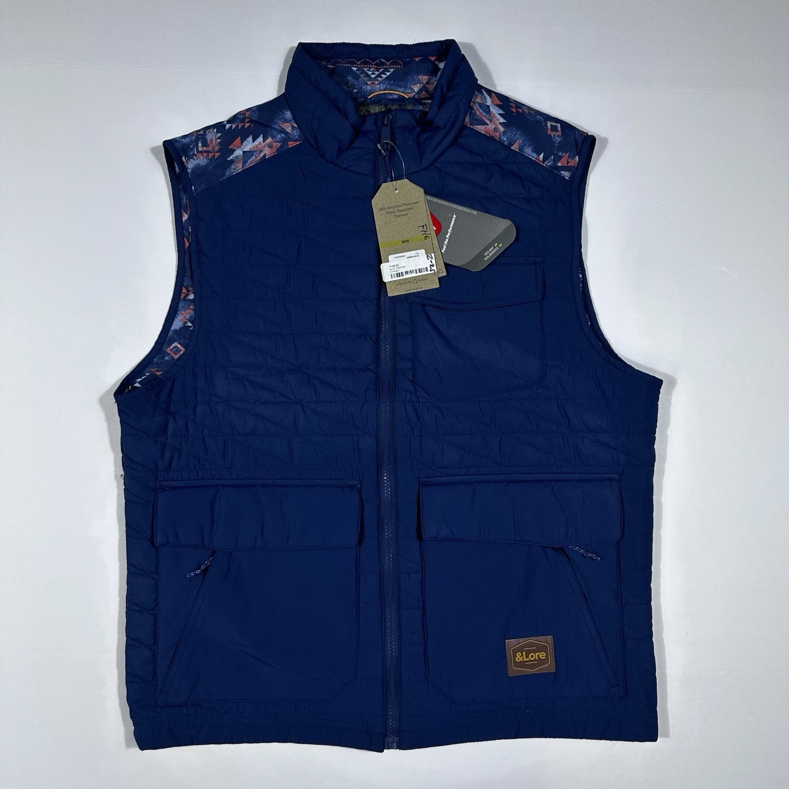 $140 New &Lore Men's Size Medium M Navy Blue Pocketed Polyester Quilted Vest