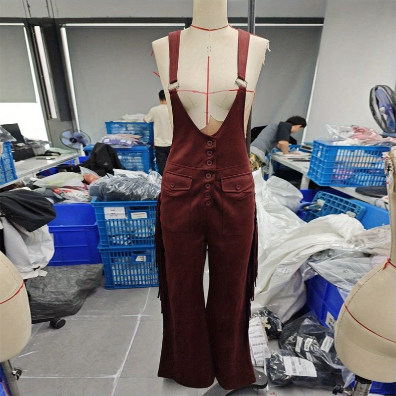 Mono para mujer color liso con flecos pierna ancha, mono estilo occidental con bolsillo Foto 4 de 4