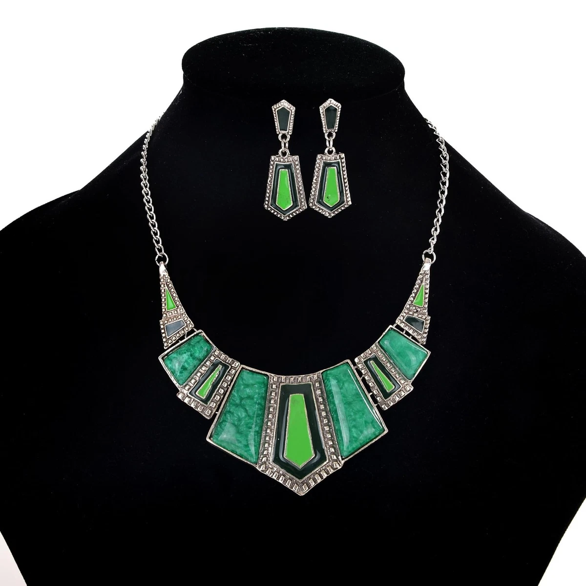YAZILIND Vintage Ethnic Tibetan Silver Irregular Rhinestone Bib Collar Earrin...