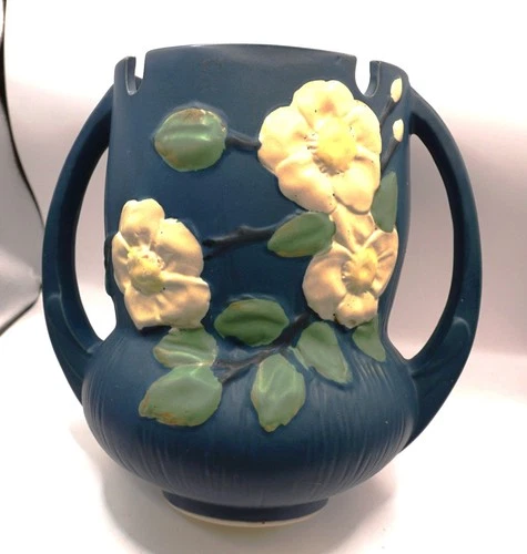 Vintage Roseville Pottery Blue White Rose Handled Vase 985-8  REPRODUCTION