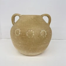 Two Handled Round Bottom Pottery Pot Vase Crock Clay Jug Embossed Flowers