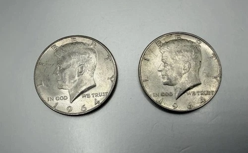 2x 1964 90% Silver Kennedy Half Dollars, 0.7234 Troy Oz Of Pure Silver! $1 Face
