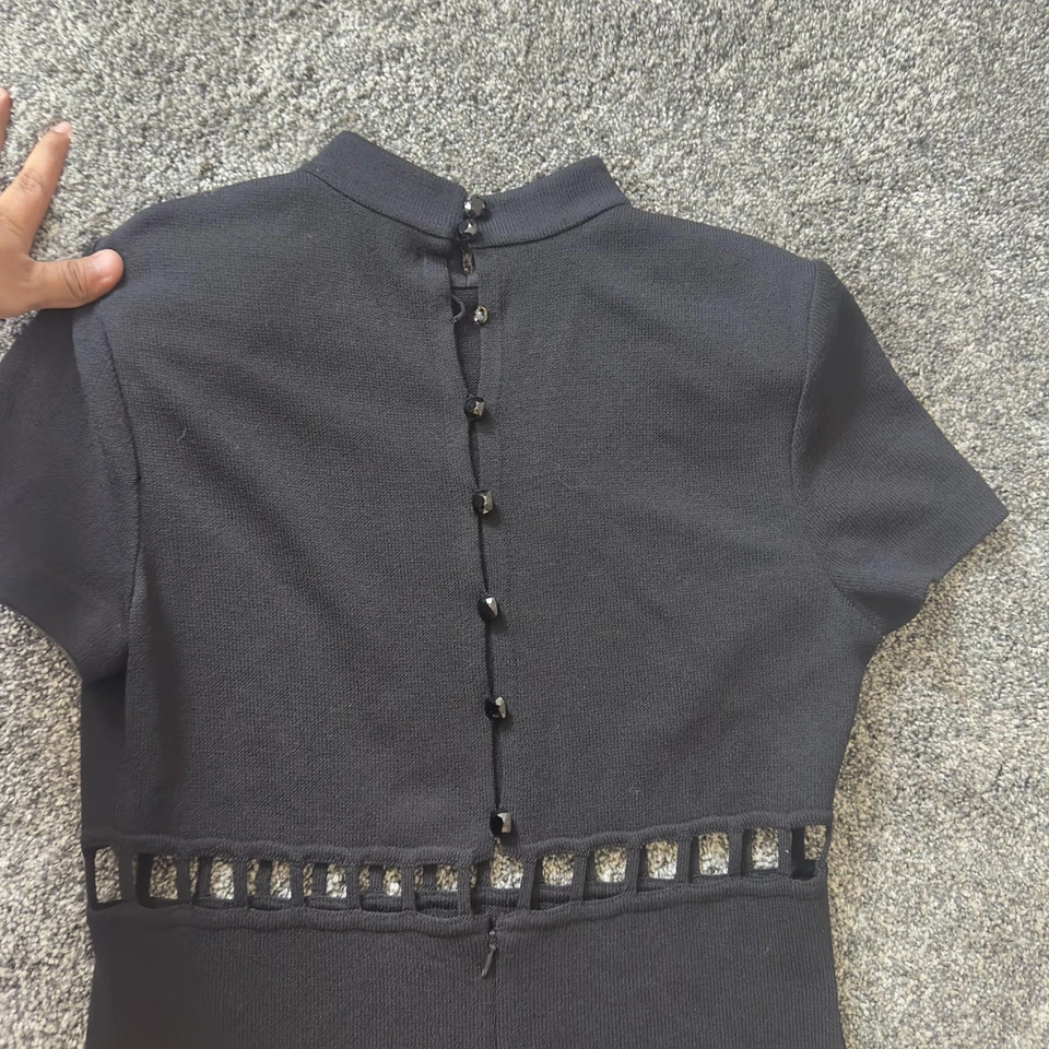 Vestido St John Para Mujer Grande Negro Tejido Manga Corta Maxi Recorte Cuentas Botón EE. UU. Foto 4 de 4